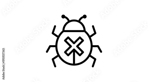 Bug icon with X mark, minimal outline style, clean black design, symbol for debugging and error fix