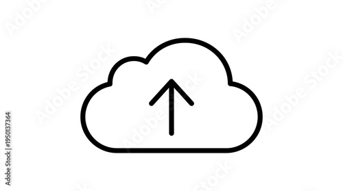 Simple cloud upload icon with arrow, minimal outline design, clean black style, digital storage symbol