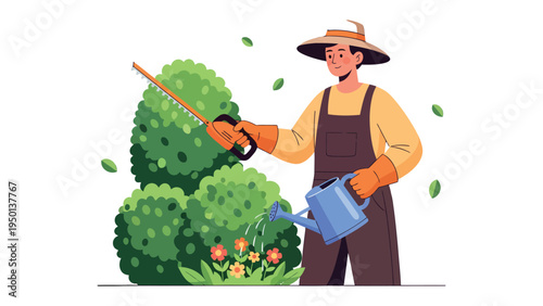 Gardener tending the garden: A skilled gardener, equipped with trimming tools and a watering can, carefully maintains a vibrant garden, ensuring flourishing flora.