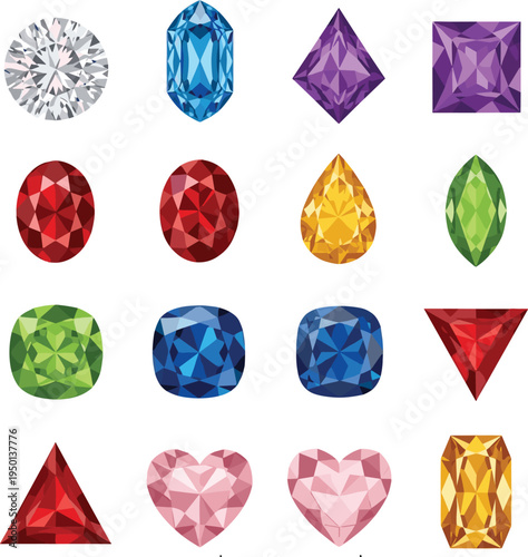 Faceted Gemstone Collection with Diamond, Ruby, Sapphire, Emerald, Amethyst, Topaz, and Heart Cut Jewels in Various Shapes Isolated for Jewelry Design