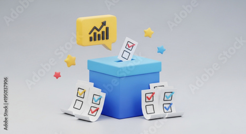3d illustration of a blue ballot box with colorful checklists and a growing graph symbol representing voting elections and business statistics