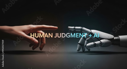 Human hand robotic hand extending to meet with 'human judgment + ai' text, for crucial collaboration, integration, future partnership between human intelligence artificial intelligence