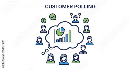 Customer polling concept with people icons and graph in thought bubble representing market research and feedback analysis