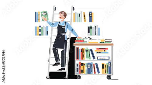 A Librarian at Work: An illustration depicting a librarian at work, a man meticulously organizes the various books.