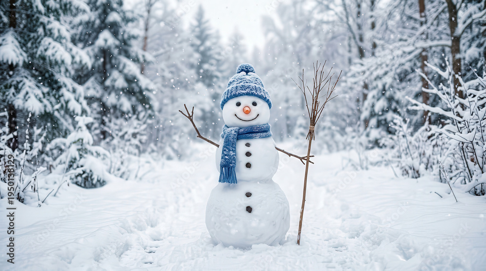 Obraz premium Cheerful Snowman with Blue Accessories Standing in Snowy Forest Landscape