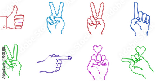 Colorful Hand Gestures Set with Thumbs Up, Peace Sign, Pointing, Heart, and Handshake for Expressive Communication