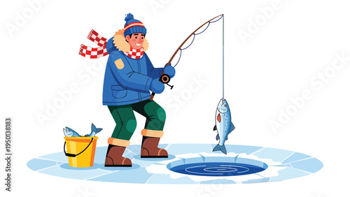 Winter Angler: A person braves the cold, enjoying the serene sport of ice fishing with a fishing rod in hand. Capturing the essence of solitude and pursuit.