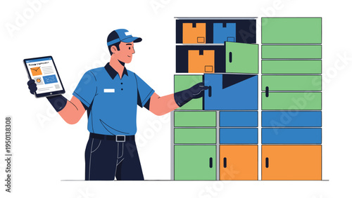 Logistics and Efficiency: A uniformed delivery person expertly navigates a smart locker system, ensuring seamless package delivery with modern technology. 
