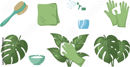 Plant Cleaning and Care Set with Brush, Water Spray Bottle, Gloves, and Monstera Leaves for Indoor Plant Maintenance