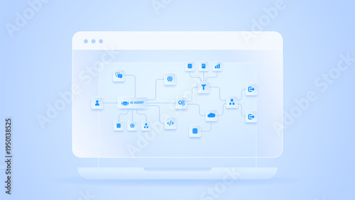 AI workflow automation artificial intelligence. ai agent network diagram dashboard machine learning architecture system with automated process flow, cloud, data routing, and automation flow.