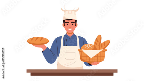 Baker with Fresh Bread: A cheerful baker proudly presents freshly baked bread, a symbol of culinary skill, and the simple pleasures of gastronomy. 