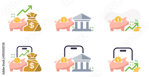 Piggy Bank Savings and Economy Deposit Icons Set, Investment Growth and Mobile Banking Finance Vector Illustration