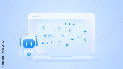 AI workflow automation artificial intelligence. ai agent workflow diagram dashboard machine learning architecture system with automated process flow, cloud, data routing, and automation flow.