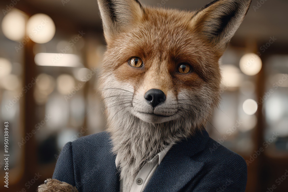 Naklejka premium A portrait of a red fox wearing a navy blue suit and white shirt, looking at the camera with golden eyes on a blurry background, elegant attire.