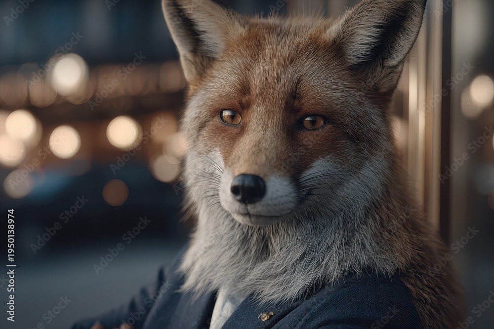 Obraz premium A sophisticated fox in a blazer stares intently at the viewer with a blurred cityscape background, showcasing its sharp features and elegant attire, embodying a modern, urban wildlife character.