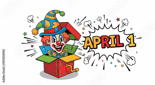Clown emerges from red and green jack in the box on april 1st with colorful hat and confetti