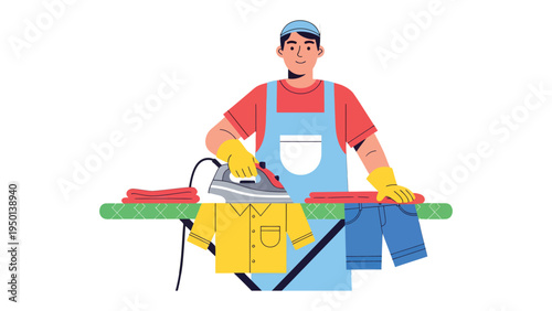 Ironing the Everyday: A focused individual in casual attire, diligently smoothing out fabric with a heated iron on an ironing board, a scene of domestic dedication.