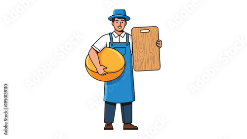 Cheese Merchant's Offerings: A professional cheese merchant, stands poised, showcasing a cutting board and a round of golden cheese.