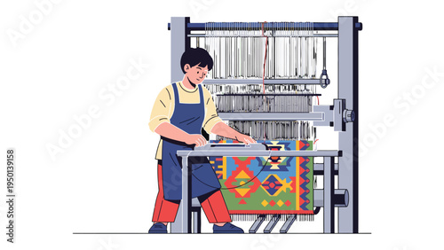 Artisan at Work: An artisan meticulously weaves intricate patterns on a traditional loom, demonstrating the beauty of craftsmanship and cultural heritage. 