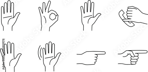 Hand Gestures Set with Open Hand, OK Sign, Pointing, Fist Bump, and Phone Gesture for Communication and Expression