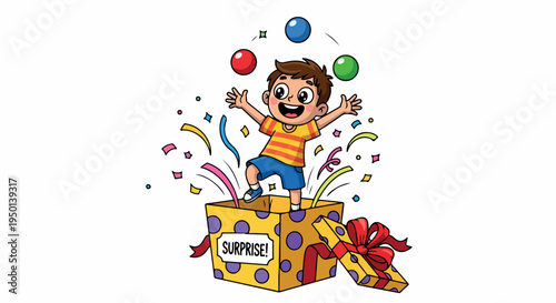 Cartoon illustration of a cheerful young boy jumping out of a colorful gift box with confetti and balloons on a white background.
