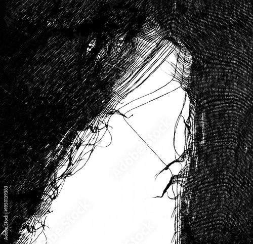 teared rag spread isolated on white background backdrop pattern texture. hole in tissue black fabric torn stitch hole loose threads Torn fabric with frayed edges Mockup mock up mock-up template blank