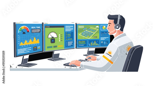 Analyzing Data Control: A dedicated technician monitors critical data on multiple computer screens, ensuring seamless operation.