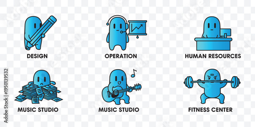 Cartoon Business Department and Job Role Icons Set Design, HR, Operations, Music, Fitness Activities