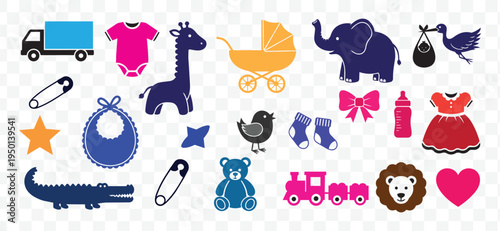 Cute Baby and Nursery Vector Icons Set. Newborn Essentials, Animals, Toys Collection. Childhood Elements.