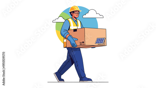 Solar Delivery: An illustration showcasing a worker delivering a package with a solar panel symbol, highlighting the integration of green energy.