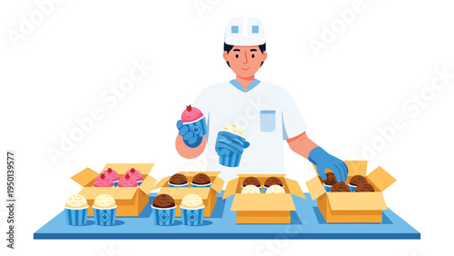 Cupcake Production Process: A culinary worker is carefully placing cupcakes in the production process, and showing the process of baking and packaging.
