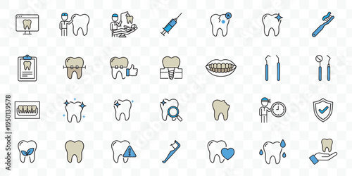 Dental Care Line Icons Set Oral Health, Dentistry, and Treatment Vectors. Dentist, Braces, Implants, Whitening, Hygiene.