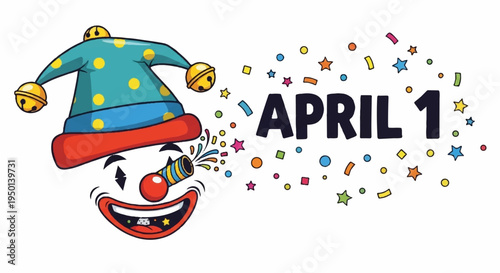 Colorful clown face with confetti and april 1st text for april fools' day celebration