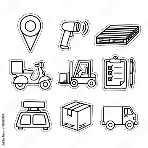 minimalist logistics and delivery sticker sheet bundle with thick white border and bold outlines hand drawn vector illustration