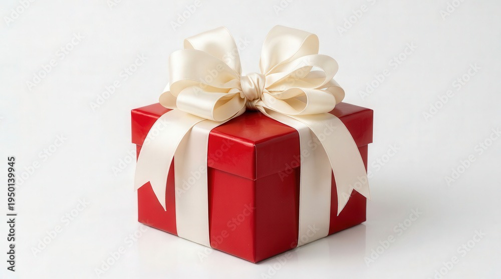 Obraz premium Beautiful Red Gift Box Wrapped with Elegant White Ribbon and Bow for Special Occasions