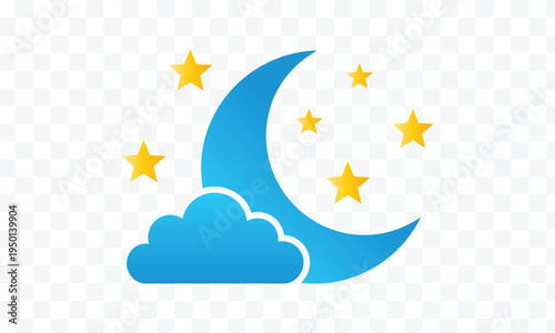 Dreamy Night Sky Icon Crescent Moon, Glowing Stars and Cloud Vector Illustration