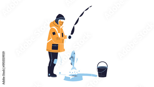 Winter Fishing Illustration: Capturing the essence of winter fishing, a determined individual is meticulously pulling a fish from the cold waters.