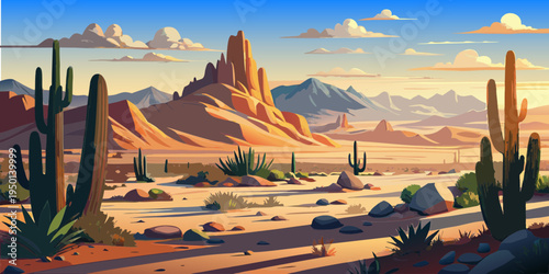 desert, cordillera,  succulents, clouds, rocks, sand, sandstone, mountains, bushes, grass,  vector, panorama, banner, postcard, scenery, america, mexico, romance, adventure
