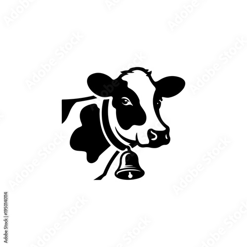 A black and white vector illustration of a cow's head wearing a traditional bell. This clean, stylized animal portrait is perfect for dairy farm logos and organic branding.