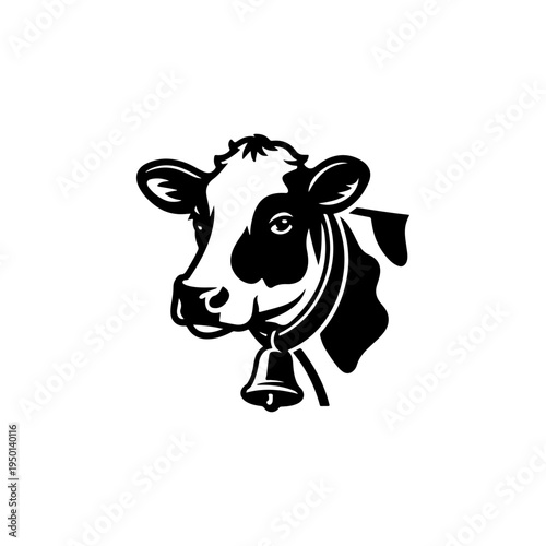 A black and white vector illustration of a cow's head wearing a traditional bell. This clean, stylized animal portrait is perfect for dairy farm logos and organic branding.