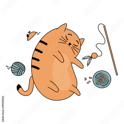 cute hand drawn cartoon character cat lying down after play session funny vector illustration