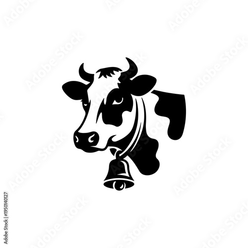 A black and white vector illustration of a cow's head wearing a traditional bell. This clean, stylized animal portrait is perfect for dairy farm logos and organic branding.