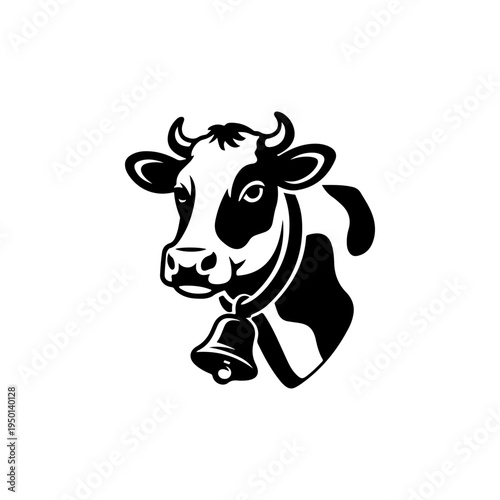 A black and white vector illustration of a cow's head wearing a traditional bell. This clean, stylized animal portrait is perfect for dairy farm logos and organic branding.