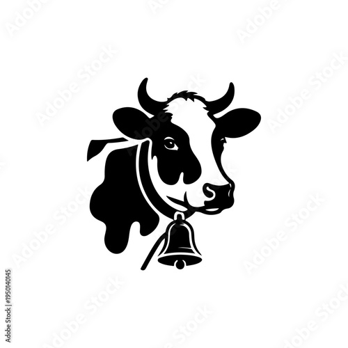 A black and white vector illustration of a cow's head wearing a traditional bell. This clean, stylized animal portrait is perfect for dairy farm logos and organic branding.