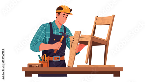 Craftsman's Workshop: A skilled craftsman meticulously assembling a wooden chair in his workshop, embodying the essence of traditional craftsmanship.