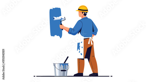 Painter at Work: A painter meticulously applies vibrant blue paint to a wall with a roller. This image captures the essence of home improvement and renovation.