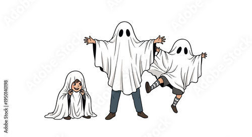 Three cartoon ghosts wearing white sheets with holes for eyes, two jumping and one sitting on a plain white background.