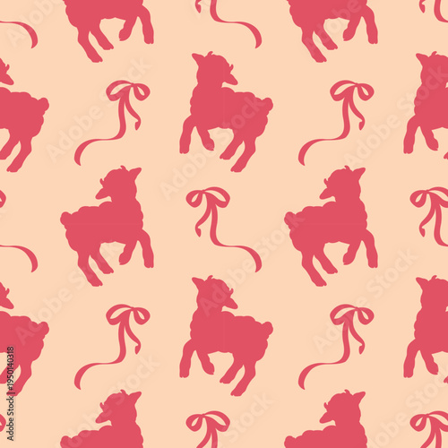 Seamless pink lamb and bow pattern in pastel coquette style. Rural spring Easter background with cute vintage silhouettes.