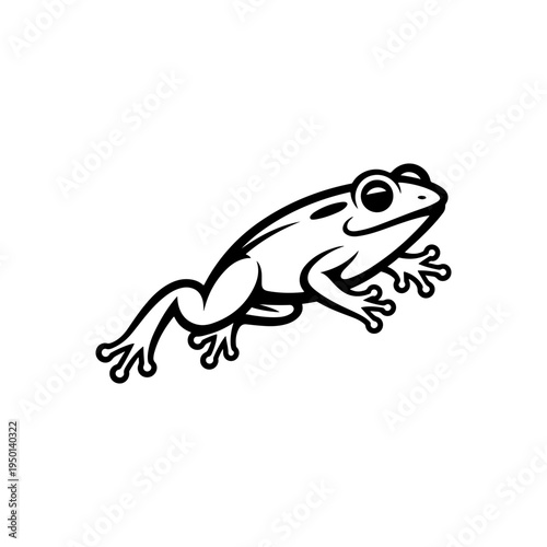 A black and white vector line art illustration of a frog in a leaping pose. This clean, minimalist amphibian silhouette is perfect for nature-themed icons and logos.