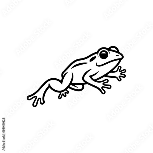A black and white vector line art illustration of a frog in a leaping pose. This clean, minimalist amphibian silhouette is perfect for nature-themed icons and logos.